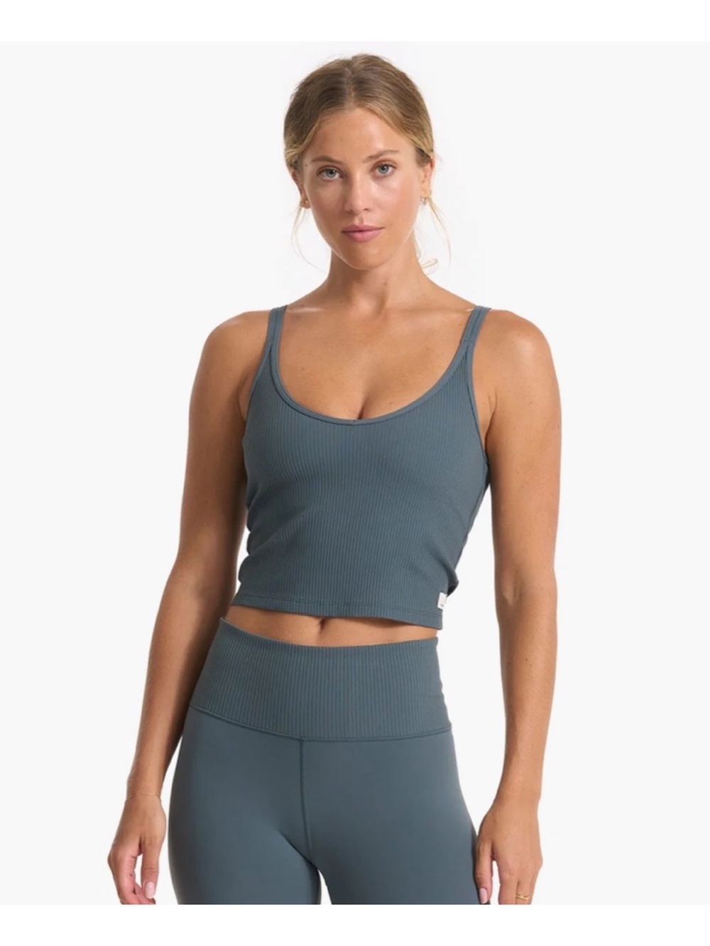 Vuori Rib Crop Tank Top In Stone Blue Star Embroidery Size Small